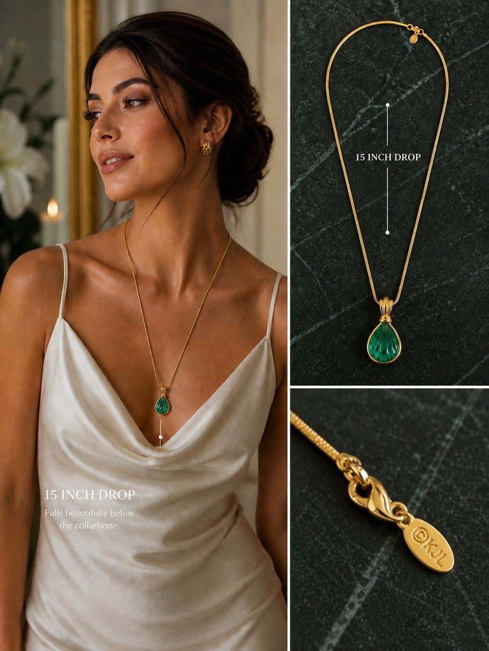 VTG KJL Kenneth Jay Lane Emerald Green Glass Pendant Snake Chain Necklace